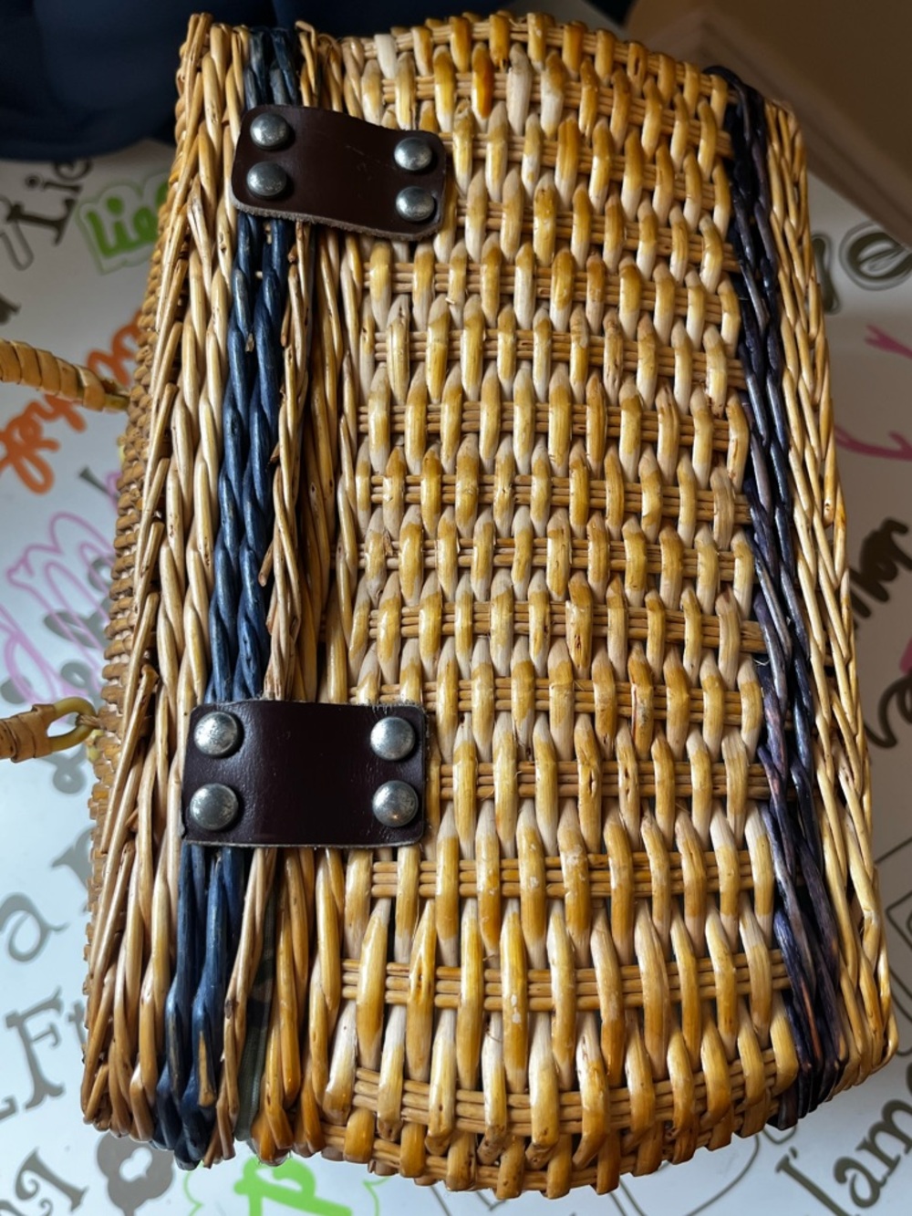 Vintage 50s Garden Cottagecore Basket Handbag Floral Cotton Liner Leather Strape - Picture 4 of 11